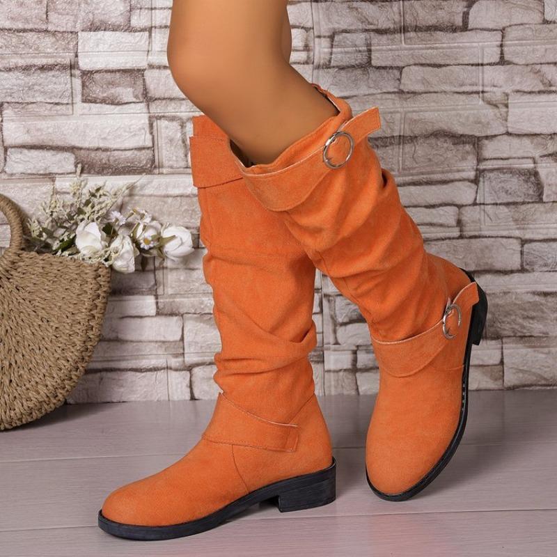 Cross-Border Plus Size Women's Wrinkled Belt Buckle Block Heel Below Knee Slimming Knee-High Boots