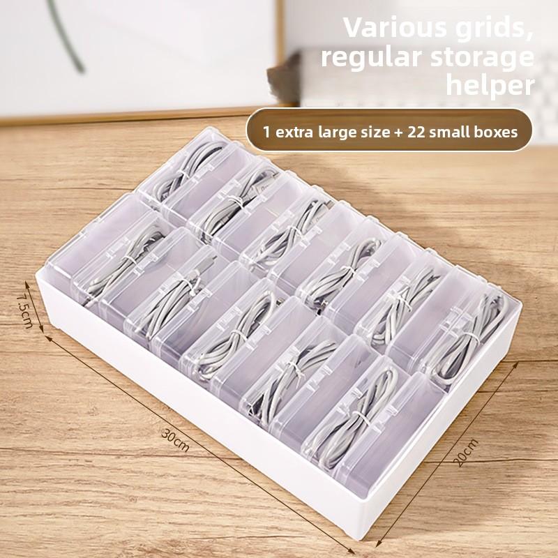 The Transparent Plastic Data Cable Storage Box Household Cable MobilePhone Charger Charging Cable Finishing Box Divided Grid Box
