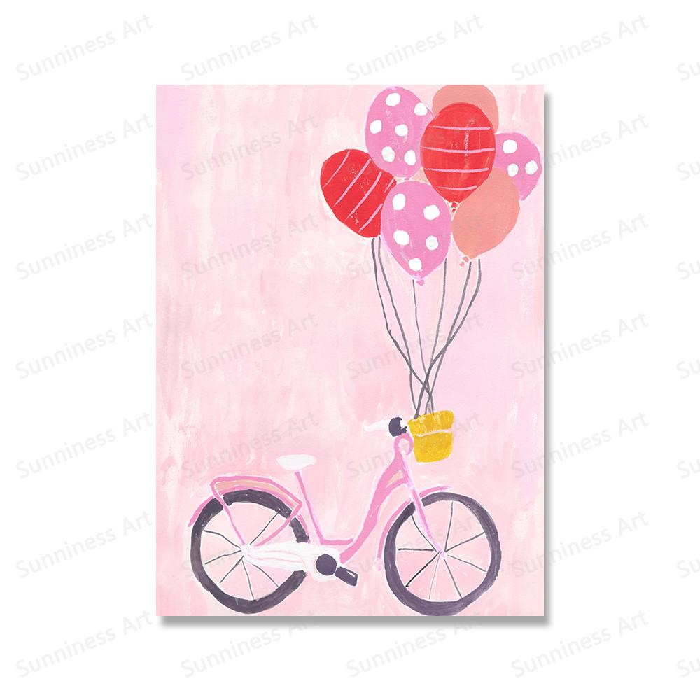 Pink Bike Balloon Poster Nursery Prints Wall Art Canvas Painting Still Life Cherry Cake Flowers Figs Fruit for Living Room Decor