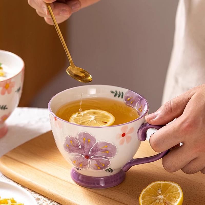 1pcs Flower Ceramic Mug Heat-resistant Breakfast Milk Oat Cup Hand Drawn Large Capacity Juice Handle Cup Microwave Safe 450ml