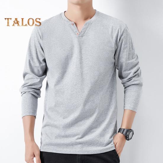 Men Fall Spring Top Buttoned V Neck Long Sleeves Pure Color Loose Pullover T-shirt Daily Wear Sport Homewear Clothes
