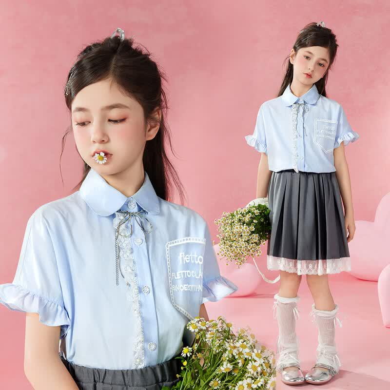 Girls Ruffle Lace Shirt & Skirt Set 120 светло-синий