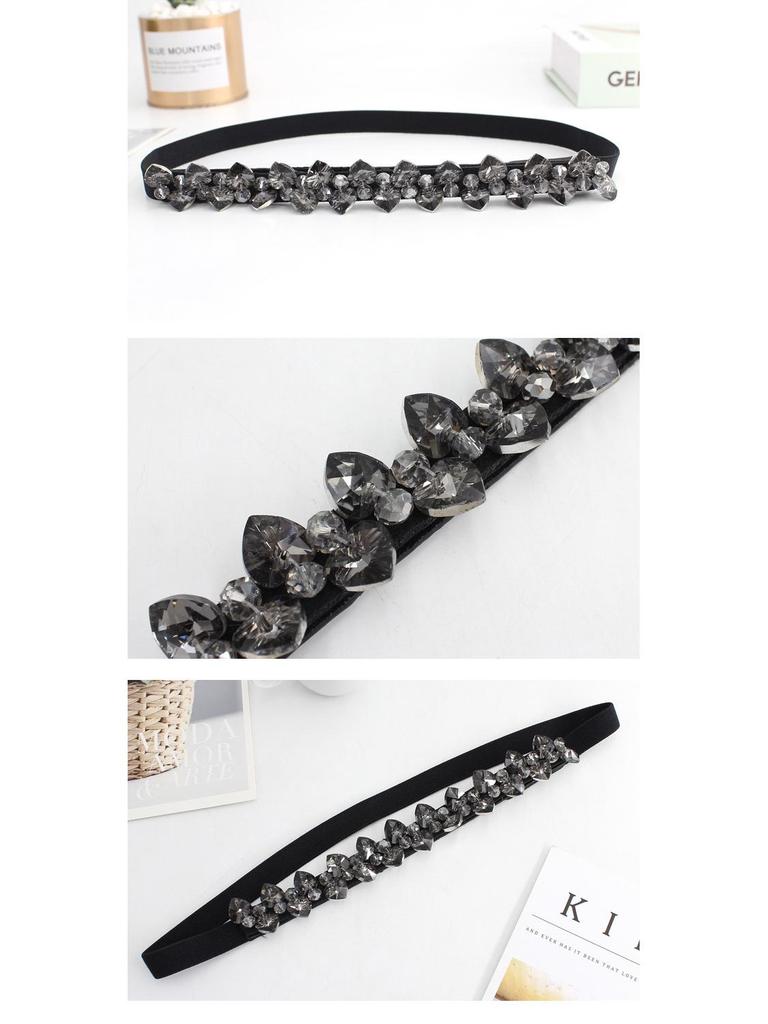 Damski elastyczny pasek z cyrkoniami zapinany na zatrzask - Wszechstronny wąski czarny pas wyszczuplający talię