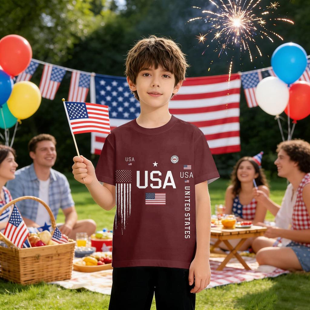 Kids Independence Day Print Round Neck Short Sleeve Casual T-shirt