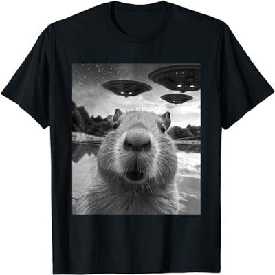Camiseta Gráfica Divertida Capibara Selfie con OVNIs Camiseta Rara