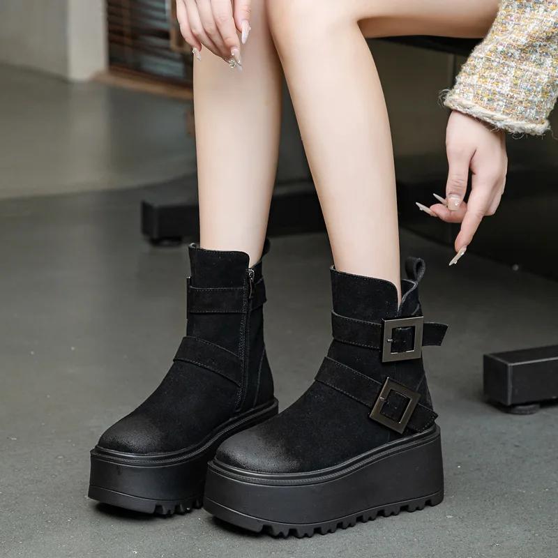 

Мода 8 см Полная замша из коровьей кожи На щиколотке для женщин Мотоциклетные Панк Ботильоны Обувь Платформа Клиновидный каблук Весенние Женские Ботинки 37