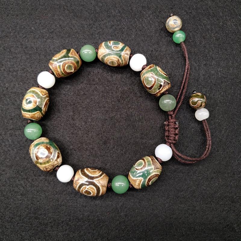 Ethnic Three-Eyed Green Agate Dzi Bracelet: Handwoven Couple s Jewelry Hand-woven