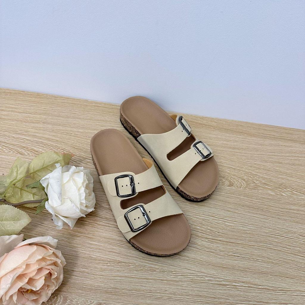 2025 Women's Plus Size Casual Beach Cork Slippers with Double Buckle