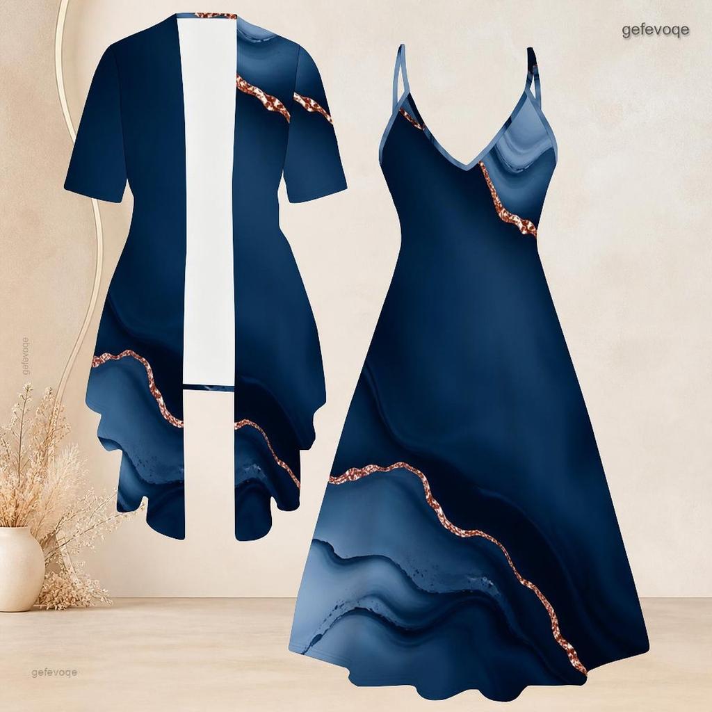 Women Plus Size Two Piece Set Marble Printed Short Sleeve Cardigan V Neck Strappy Flared Dress