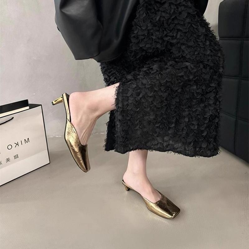 French Temperament Bag Head Half Slippers Women's Spring and Summer 2025 New Square Head Silver Fashion Evening High-heeled Women's Slippers
