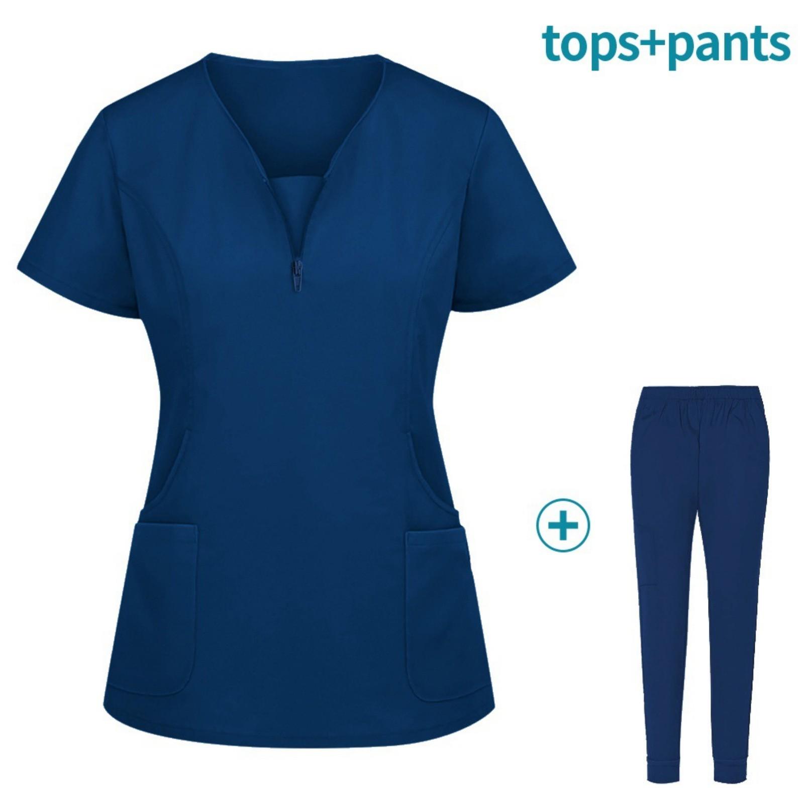

Soild Scrub Working Uniform Suit For Women s Cross V-Neck Short Sleeve Fun T-Shirts Workwear Tee With Pockets S тёмно-синий