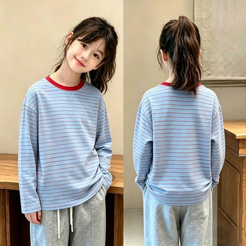 Stylish Girls' Striped Long-Sleeve T-Shirt for Ages 6-15 - Spring/Autumn Casual Base Layer Top
