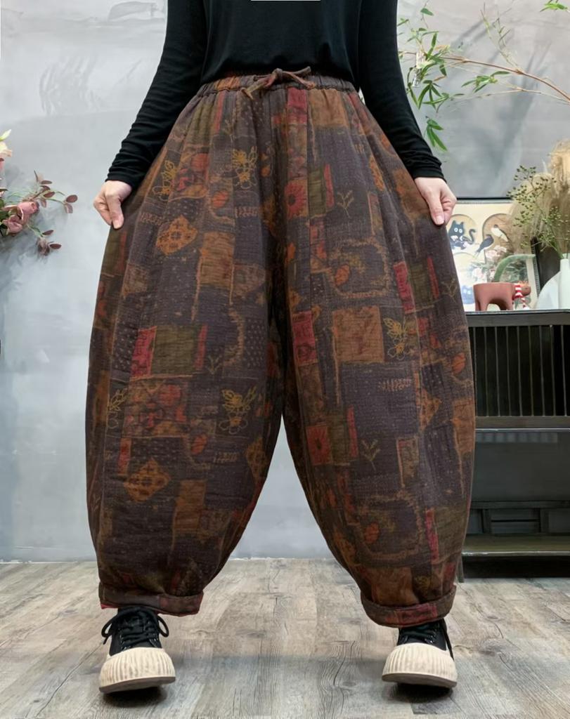 Johnature Pantalones harén con estampado de estilo vintage para mujer, pantalón holgado, informal, con cintura elástica, estilo chino, moda de invierno