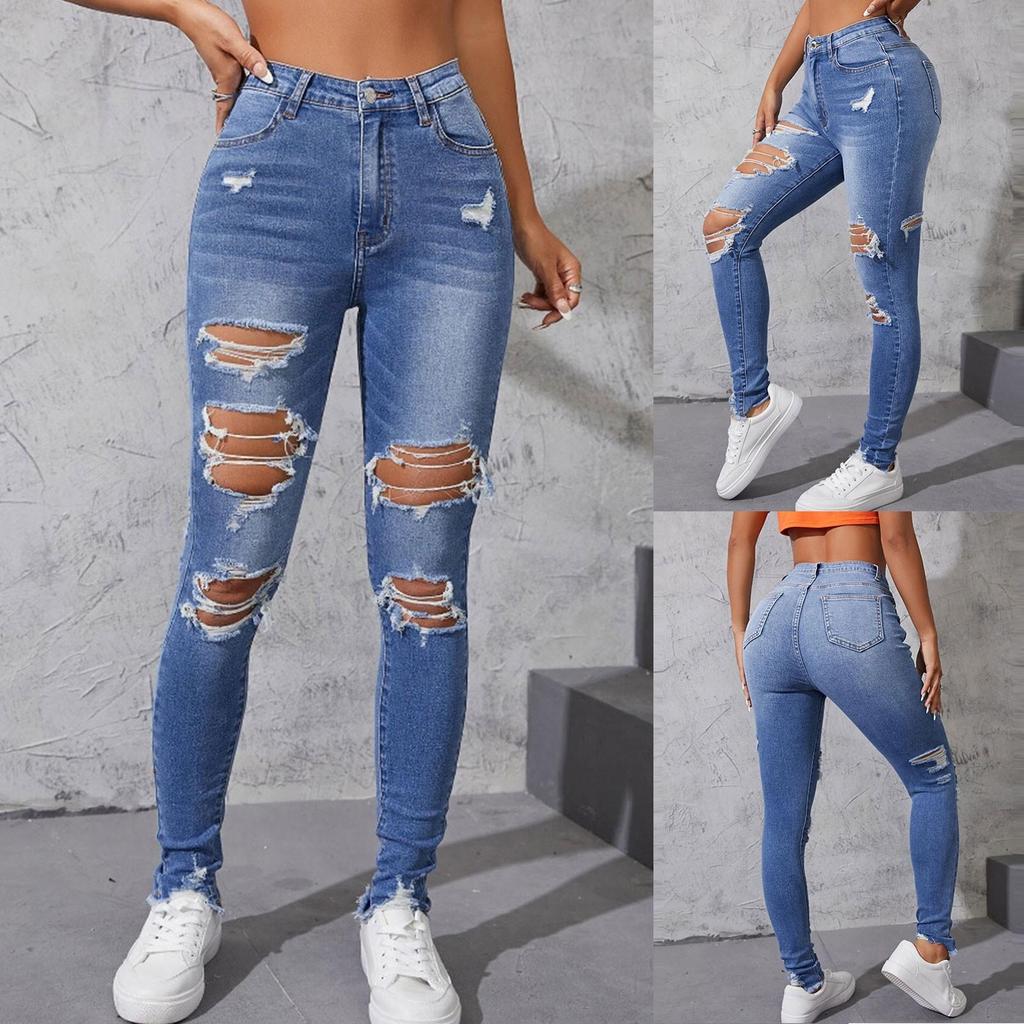 Dziewczęce modne podarte obcisłe spodnie casualowe w stylu skinny foot jeans