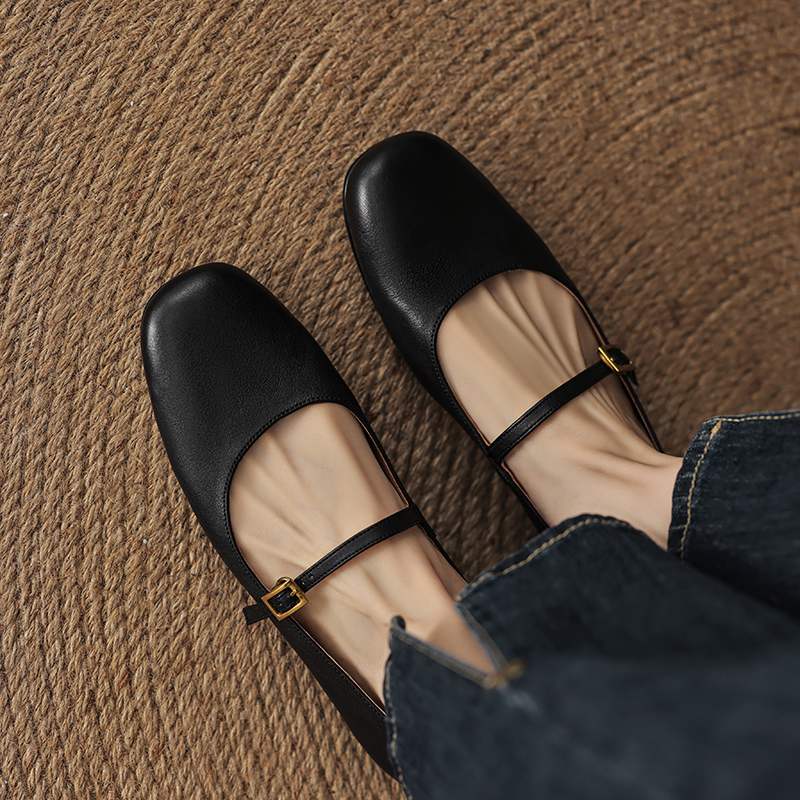 Krazing Pot Kuhleder Mode Frühling Herbst Schönheit Flach mit Damen Square Toe Schuhe Mary Janes Flache Ballerinas