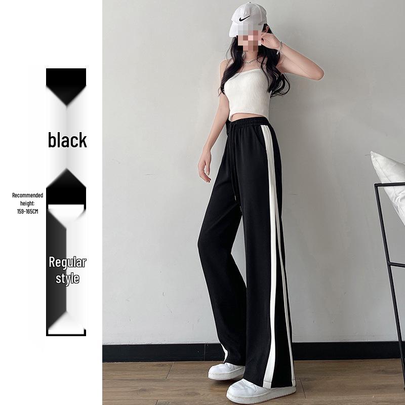 Women's Ice Silk Wide-Leg Sports Pants - Black, Thin, Straight, Loose, Casual Style for Spring, Summer, and Autumn