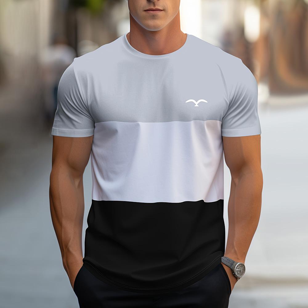 Fashion Splicing Stripes Print T Shirt For Men Comfortable O-neck Short Sleeve Pullover Casual Breathable Loose Tops Street Tees