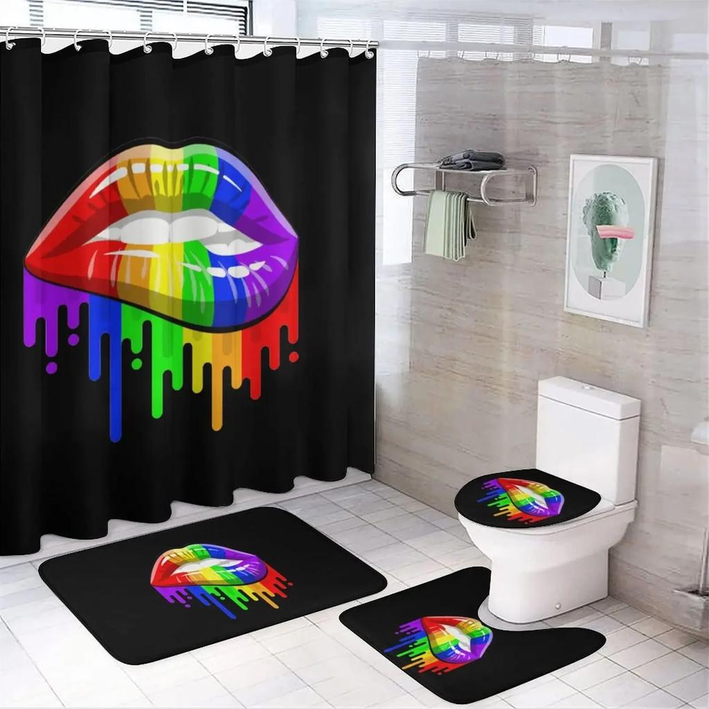 Rainbow Pride Gay Flag Shower Curtain Set Bath Mat Bathroom Toilet Carpet Floor Rug Lesbian Peace Lgbt Home Decor