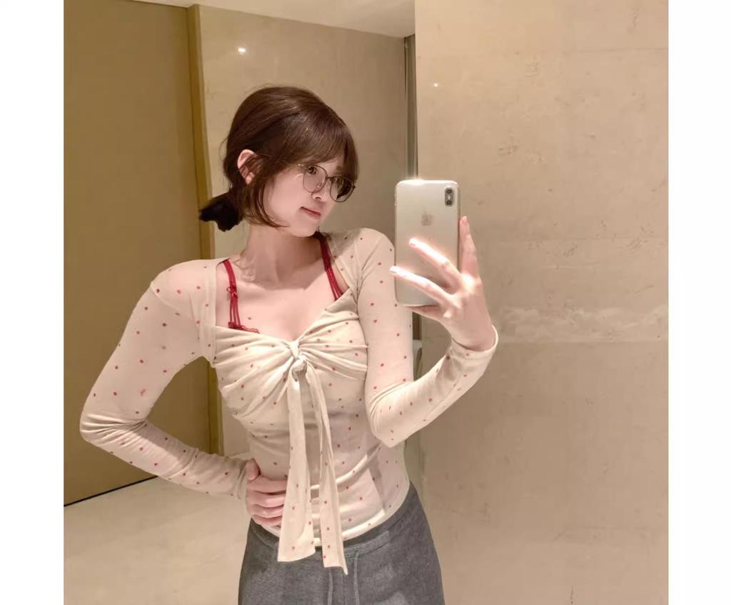 260g Cotton Modal Polka Dot Square Neck Lace-Up Bow Long Sleeve Slimming Top