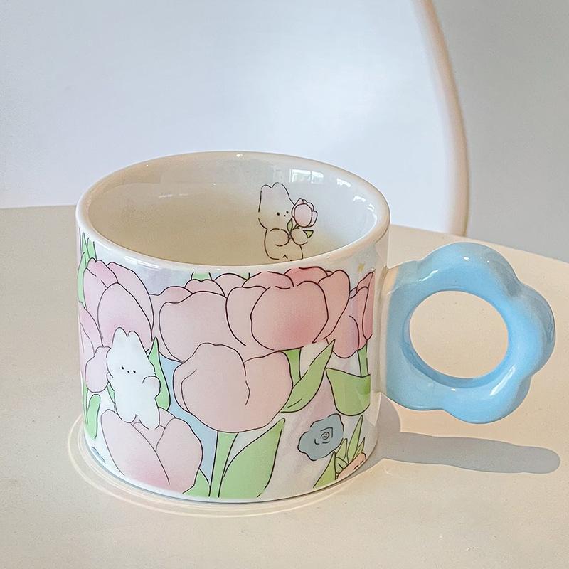 High-Value Ceramic Cup Household Cute Couple Coffee Cup Souvenir Tulip Water Cup