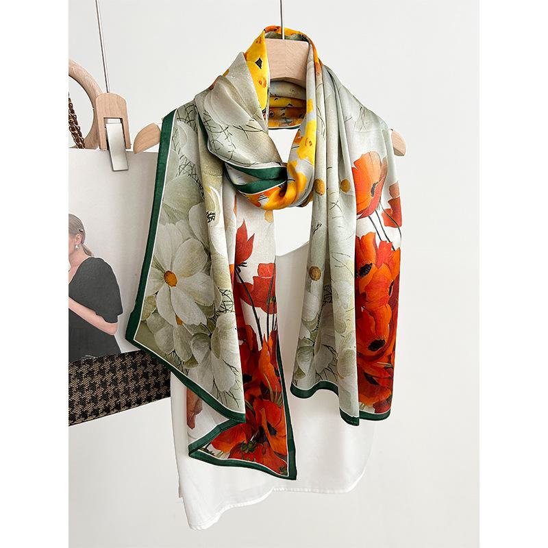 Silk Silk Scarf New Versatile Flower Plain Crepe Satin Silk Scarf Gift High-end Mulberry Silk Long Scarf High-end Fashion Scarf