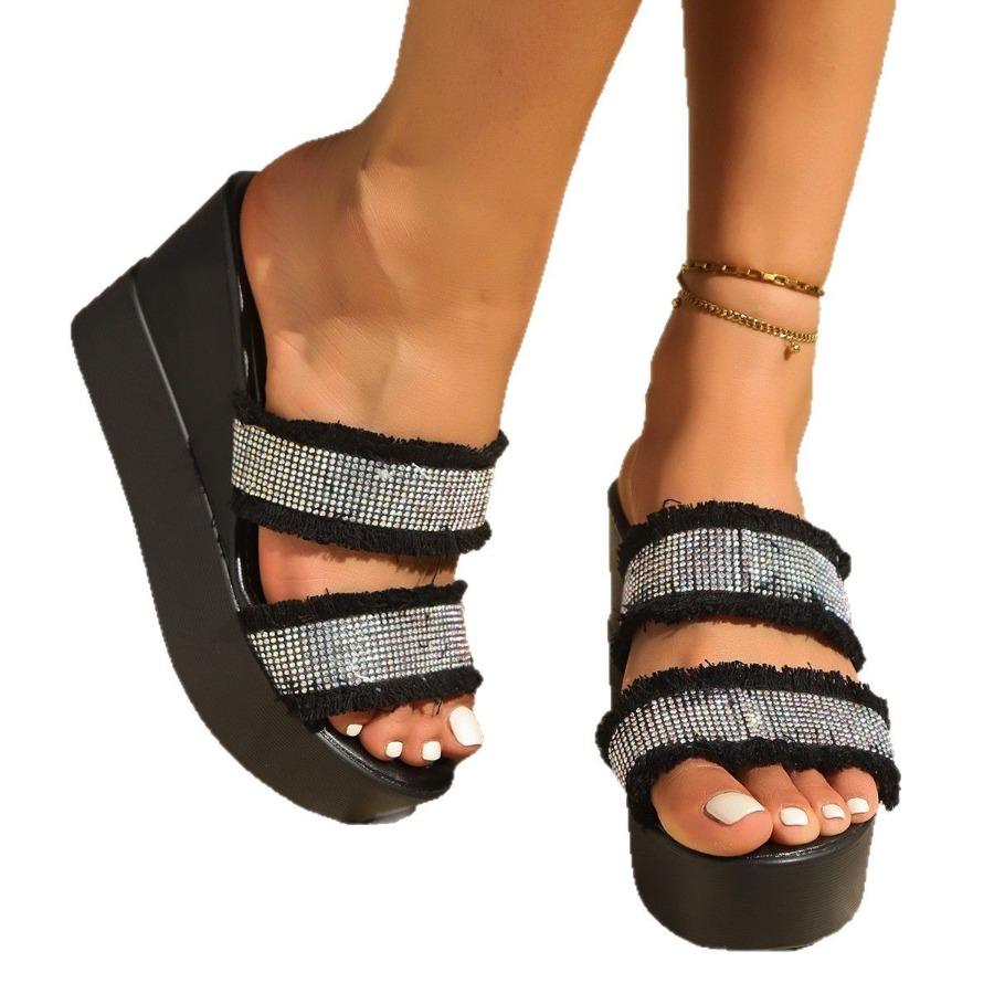 2025 New Arrival Plus Size Fashion Rhinestone Open-Toe Flat Sandals with Thick Platform Heel for Flip-Flops