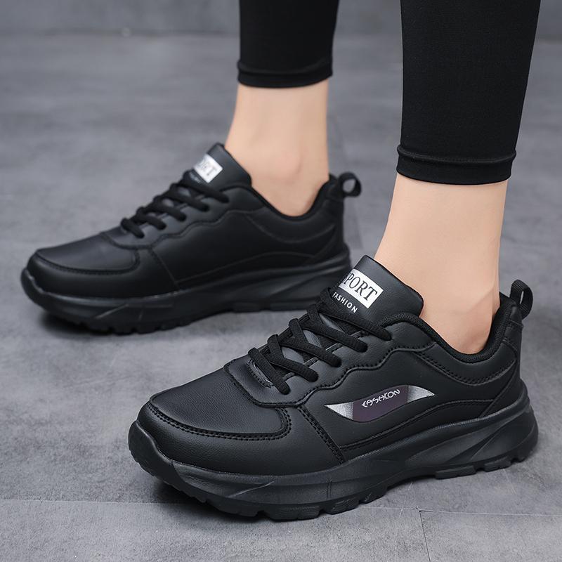 2025 Black Comfortable Lightweight Women's Casual Leather Sports Shoes Anti Slip Breathable Outdoor Lace Up Soft Sports Shoes