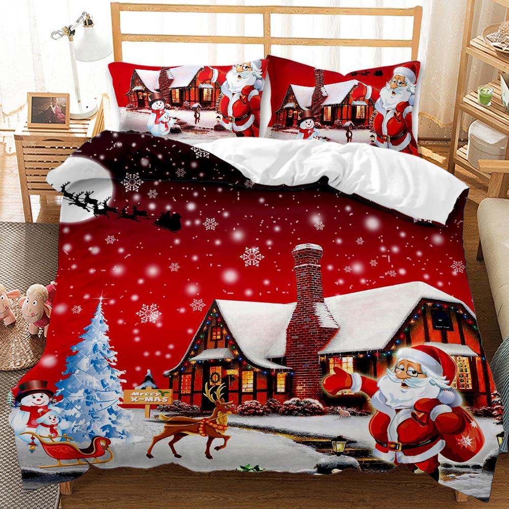 Red Christmas Bed Three-Piece Quilt Cover 3D Digital Printing Kit Bedding
