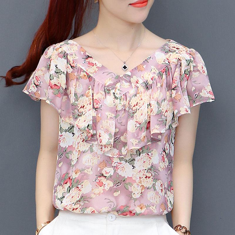 Office Lady Floral Printed Blouse Summer Straight Elegant V-Neck Women's Fashion Ruffles Spliced Short Sleeve Chiffon Shirt