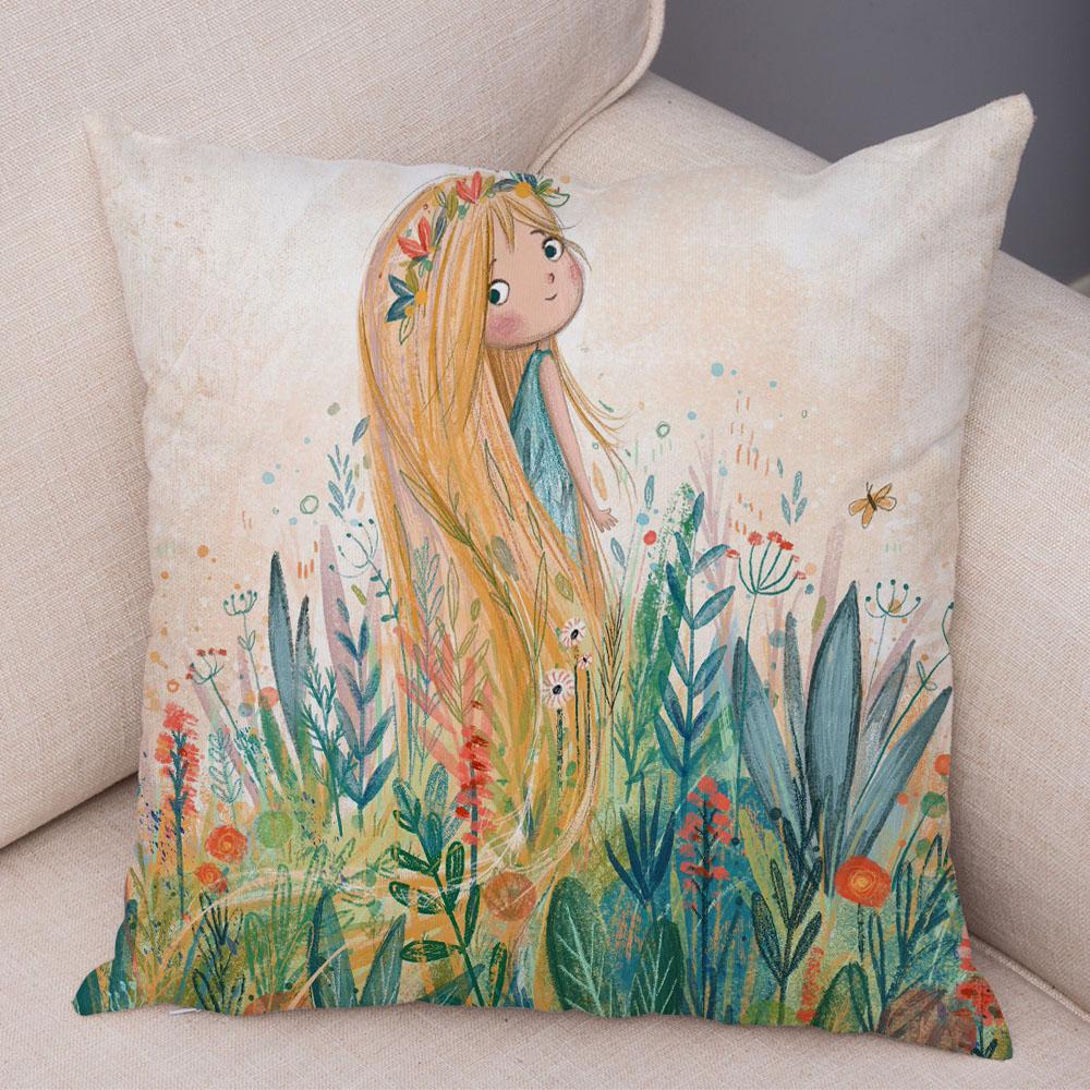 Super Soft Plush Pillow Case for Sofa Home Watercolor Cartoon Girl Cushion Cover Decor Fairy Tale World Lovely Child Pillowcase