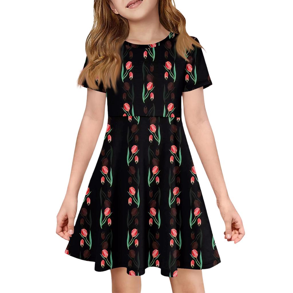 Girl Summer Dress Color & Print Short Sleeve Dress With Pocket Casual Dress Shorts Sleeve Party Dress Easter Day