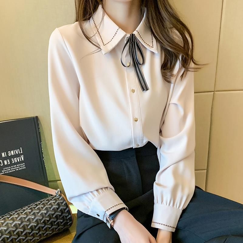 Women s Chiffon Shirt Top with Bow Tie and Lapel Collar Long Sleeved Shirt Base Shirt S