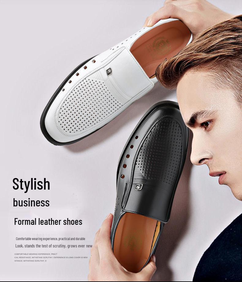 Men's Breathable Genuine Leather Hollow Sandals - Soft Sole, Non-Slip, Perfect for Summer and Business Wear