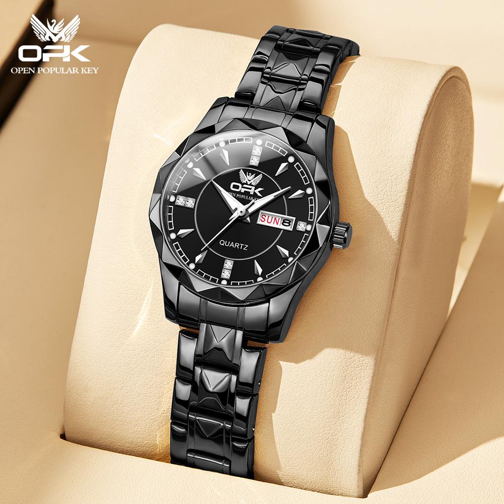 Rhombus Cut Couple Watch, A Pair of Steel Straps, Double Calendar Men's Watch, Luminous Waterproof Women's Watch, High-end