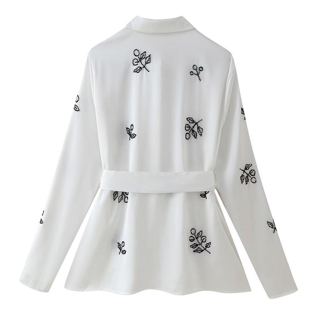 2024 Autumn Women's European & American Fashion Beaded Embroidered Satin Long-Sleeve Shirt