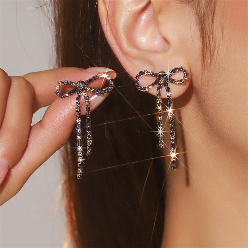 Sweet Rhinestone Crystal Long Tassel Drop Earrings for Women Girls Hollow Bowknot Crystal Dangle Earrings Party Xmas Jewelry