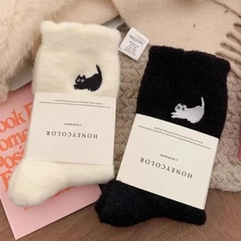 3pairs Cute Cat Mink Fleece Soft Socks for Women Winter Warm Thicken Coral Plush Socks Thermal Snow Home Sleep Floor Kawaii Sock