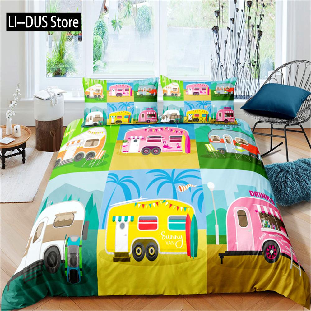 Cartoon-Auto-LKW-BaggerJunge Kinderdecke Durex Twin Full King Size 3-teiliges Bettbezug-Bettwäsche-Set Tagesdecke 200 x 200 240 x 220