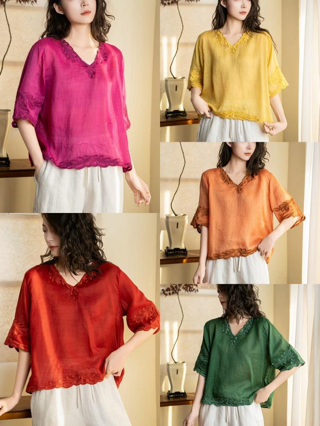 Retro Artistic Linen Embroidered V-Neck Women's Five-Sleeve Pullover - 2026 Spring Collection