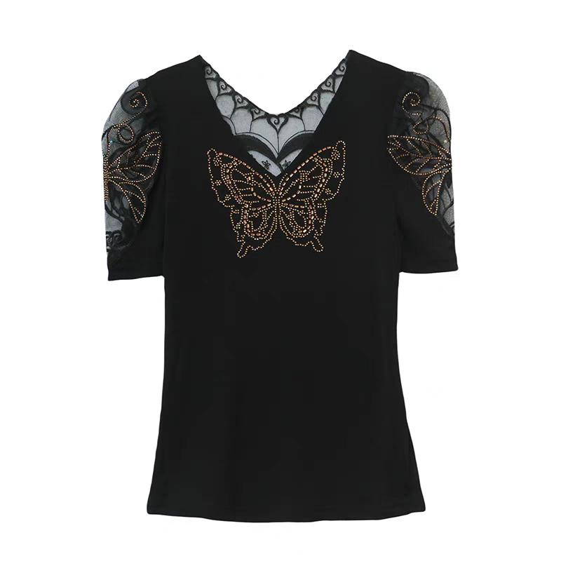 New European Clothes Women's Summer Rhinestone Butterfly T-Shirt Sexy V-Neck Casual Tees Puff Sleeve Tops
