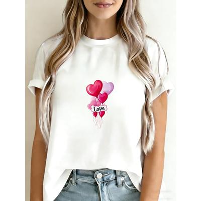 Rundhals T-Shirt Weiß Herz Luftballons Liebesdruck Für Valentinstag