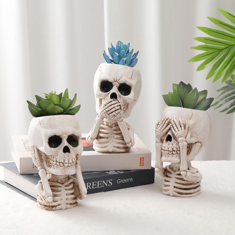 Resin Skull Head Flower Pots Home Garden Office Decor Succulent Plant Creative Halloween Tabletop Ornament Craft Decoration New