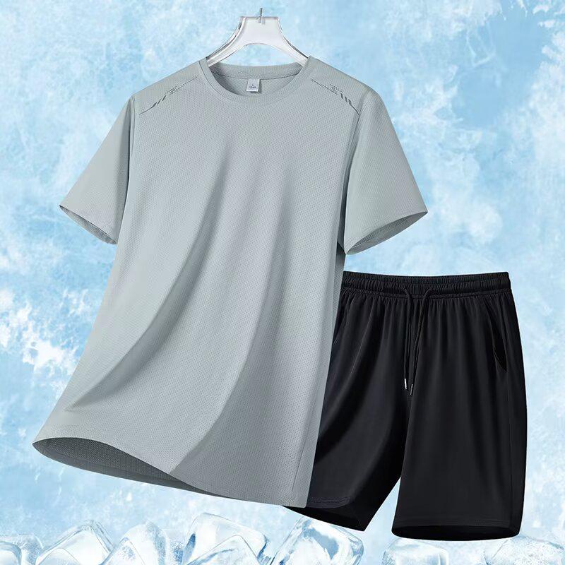 2025 Men's Plus Size Quick-Dry Fitness Running Set - Breathable Ice Silk Short Sleeves for Summer