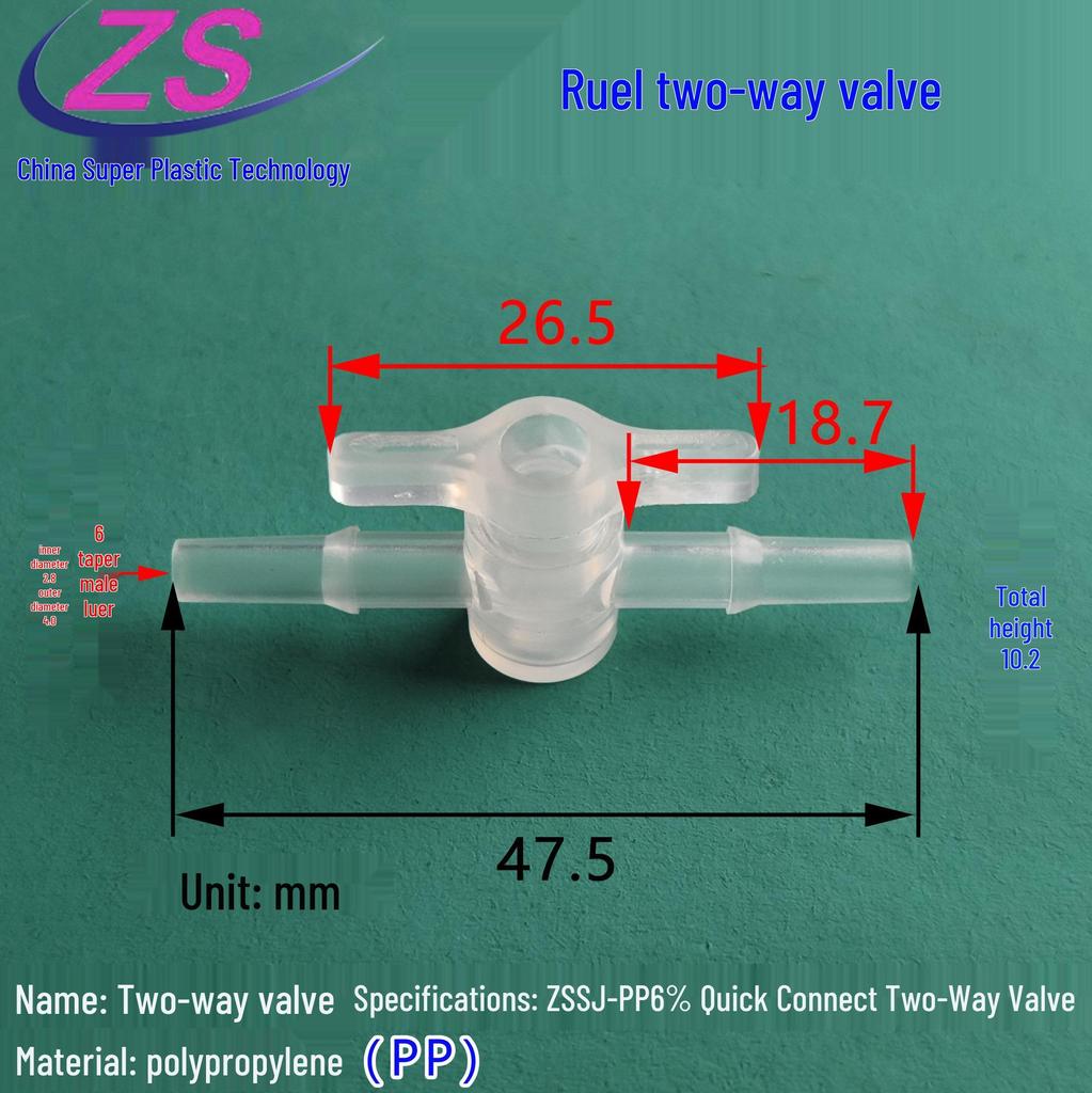 Korrosionsbeständiger Luer-PP-Zweiwegehahn, Stecker/Buchse, lösungsmittelbeständiger Kunststoff-Dosierschalter