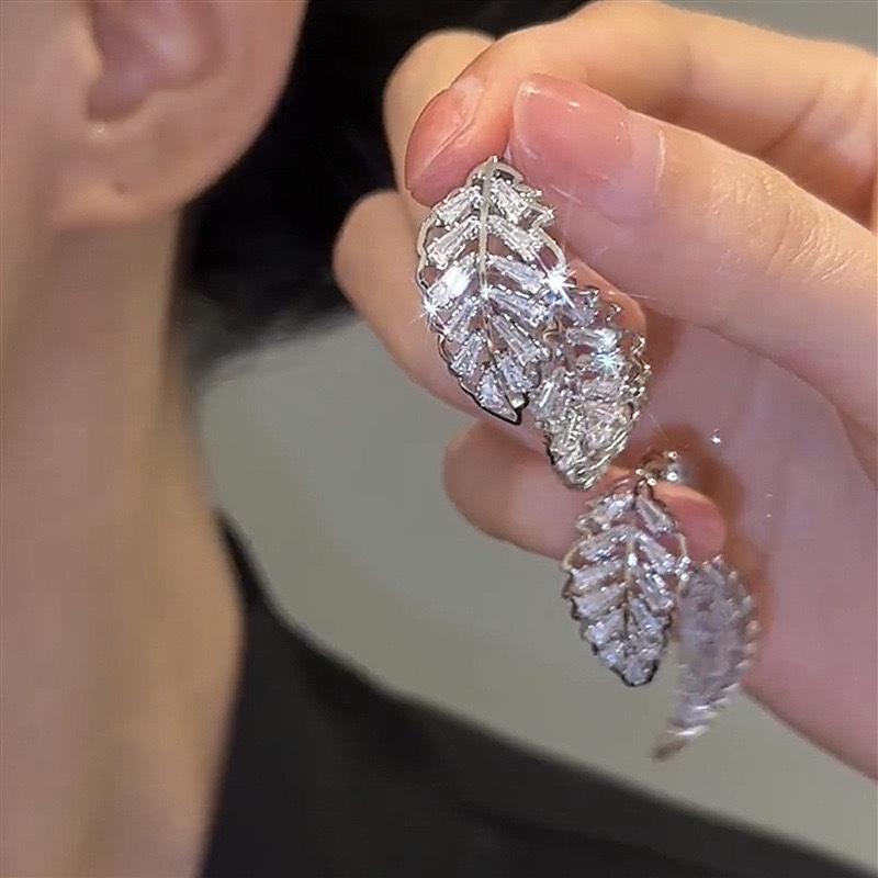 Elegant Zirconia Leaf Earrings: Versatile Front & Back Studs for Women, Luxury Style