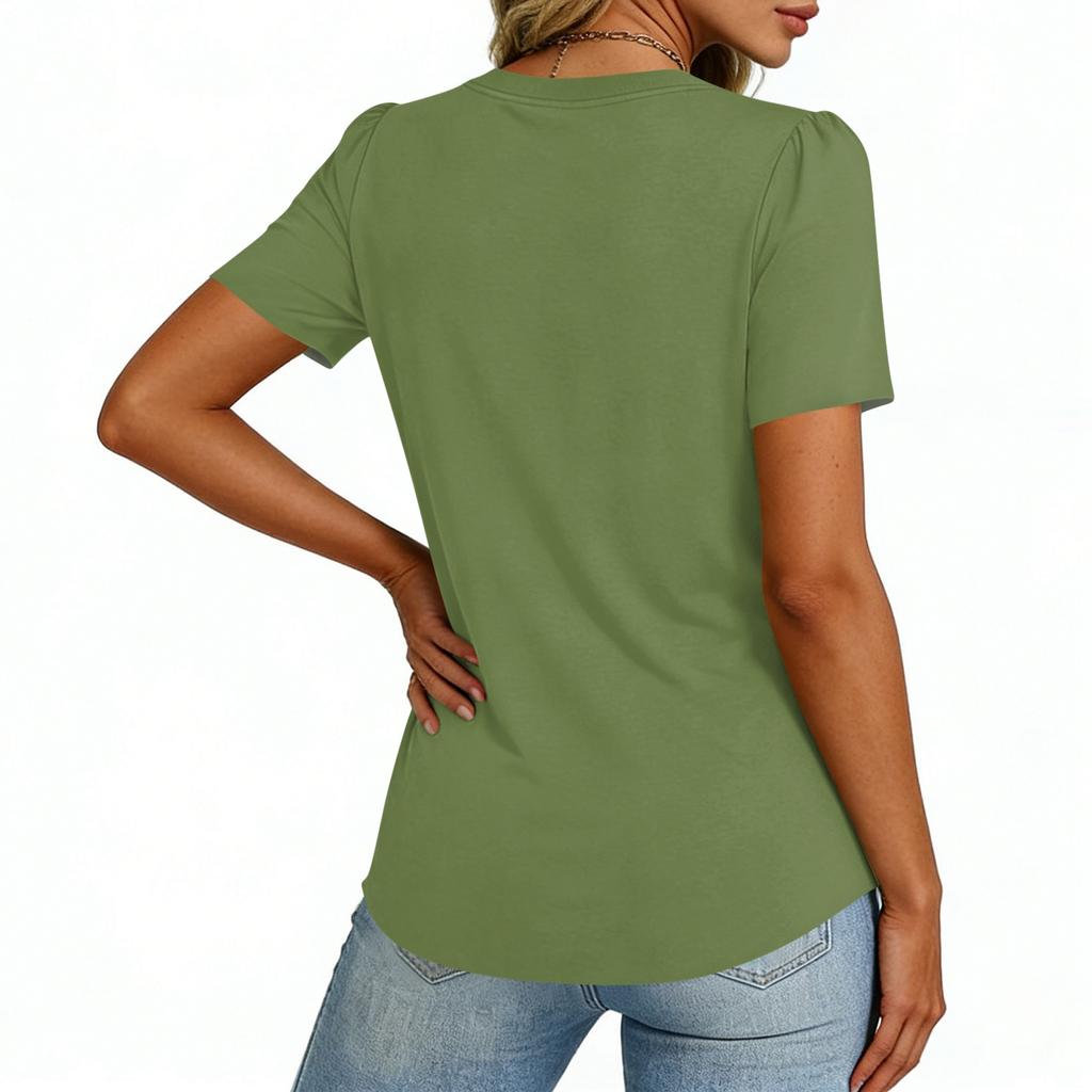 Damen Oberteile Festlich Lässig V-Ausschnitt Kurzarm Hemden Plissierte Blusen Knopfleiste Tunika