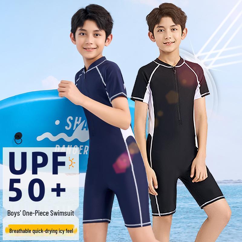 2025 New Boys' One-Piece Swimsuit: Sun Protection & Professional Training Wear for Medium & Large Kids