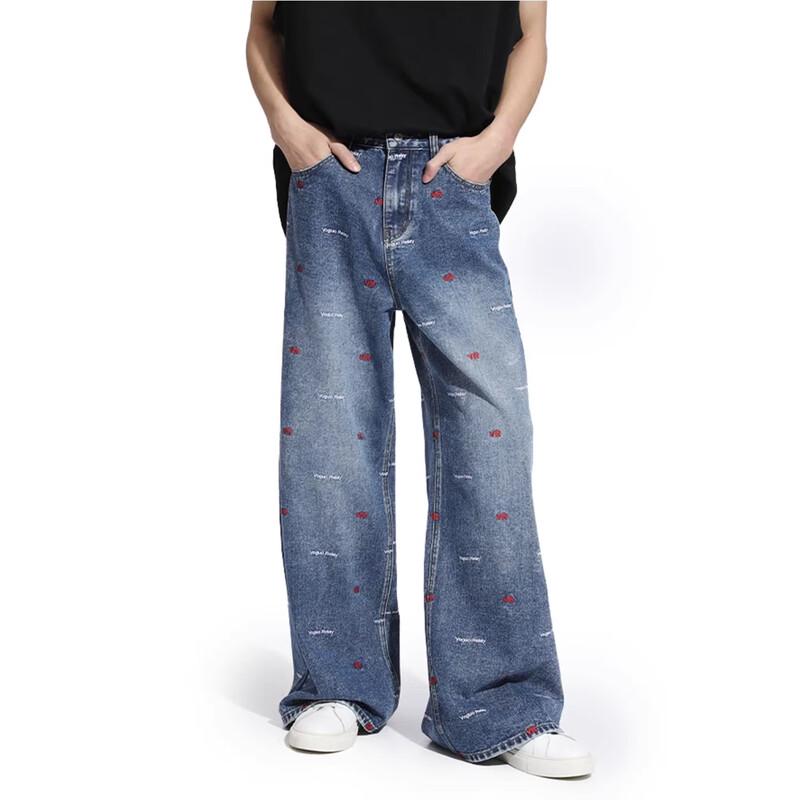VOGUO RELAY Embroidered Loose Straight Wide-Leg Unisex Jeans S светло-синий