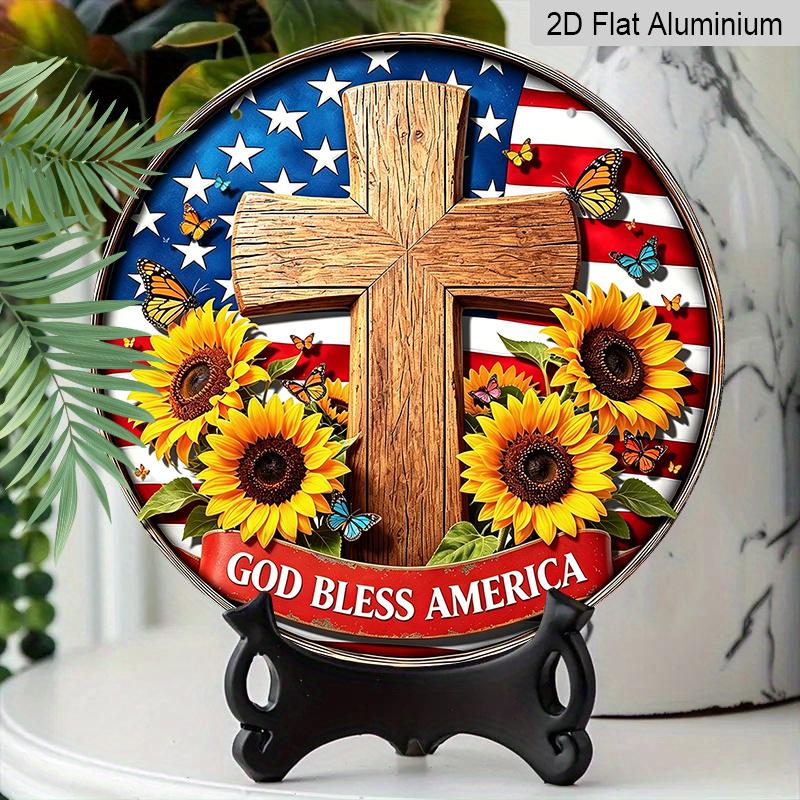 Retro Round Aluminum Wall Decor, American Independence Day Cross & Sunflower Design, Indoor Outdoor Hanging Plaque, Christian Commemorative Gift
