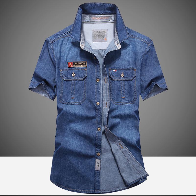 Summer Men's Short Sleeved Denim Shirt Loose Casual Denim Shirt